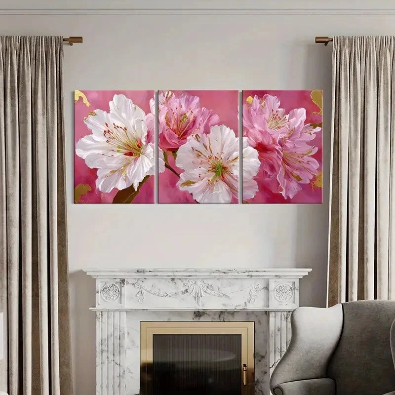 3pcs Elegant Floral Art Pink White Flowers Metal Print Ready to Hang Art - Bella Home Decor