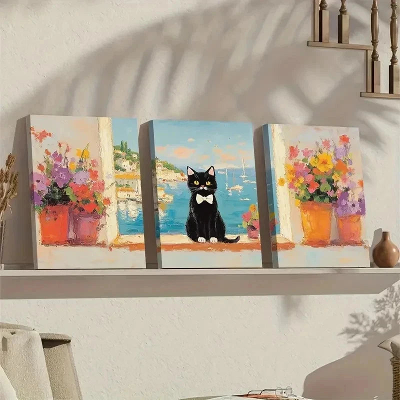 3pcs  Cat with White Paws & Bow Tie  Wall Art Set Canvas Framed 60x90cm - High Quality Print 100% Australian Made Wall Canvas Ready to Hang - Bella Home Decor