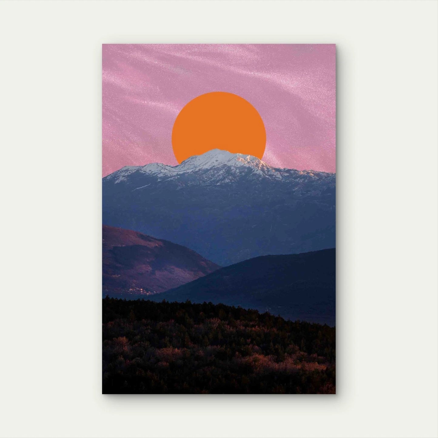 Layered Mountain Silhouettes with a Large, Orange Sun Metal Print Ready to Hang