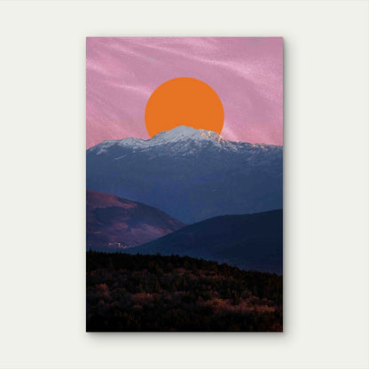 Layered Mountain Silhouettes with a Large, Orange Sun Metal Print Ready to Hang