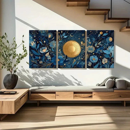 3pcs Luxury Golden Floral Art Elegant Blue Flower Metal Print Ready to Hang Art