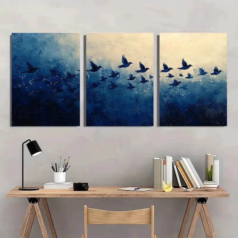 3pcs Minimalist Abstract Navy Blue Bird Flock Metal Print Ready to Hang Art - Bella Home Decor