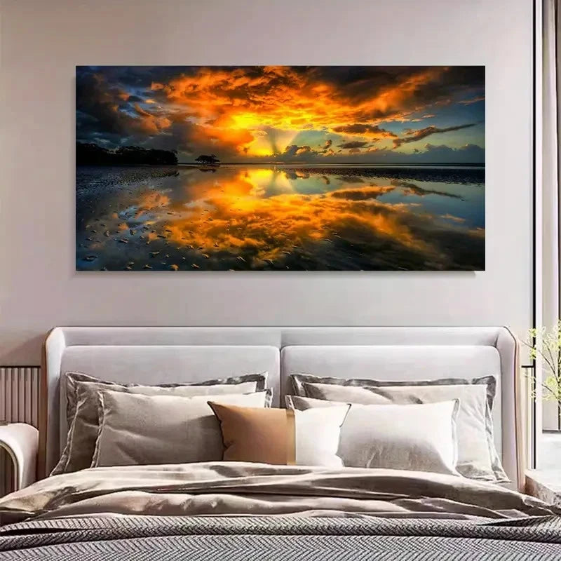 Sunset Mirror Lake Aesthetic Wall Art Canvas Office Home Room Framed 120x60cm - Bella Home Decor