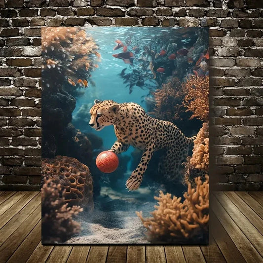 Dreamlike Cheetah Playing with Ball Painting 40x60cm Metal Print Ready to Hang - Bella Home Decor