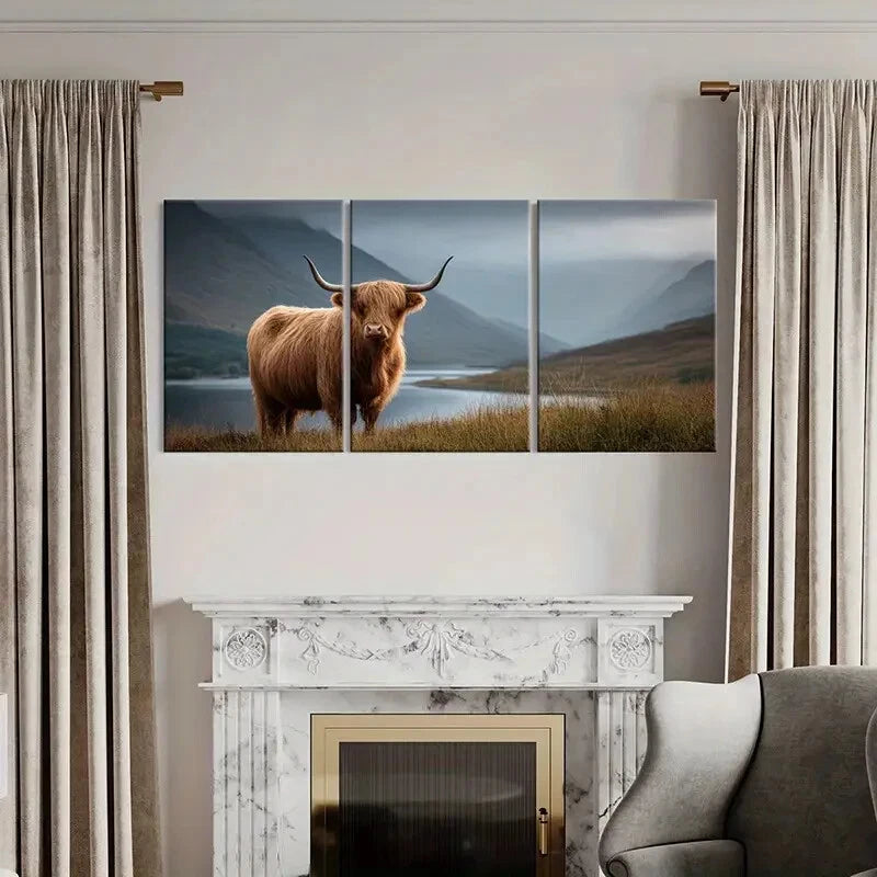 3pcs Highland Cow Mountain Landscape Art Scenery Metal Print Ready to Hang Art - Bella Home Decor