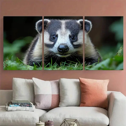 3pcs European Badger Cautiously Exploring Grassy Wall Art Set Canvas Framed 50x70cm - High Quality Print 100% Australian Made Wall Canvas Ready to Hang