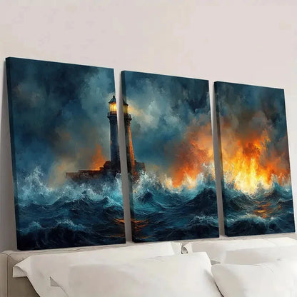 3pcs Stormy Ocean Lighthouse ru   Wall   Wall Art Set Canvas Framed 40x60cm - High Quality Print 100% Australian Made Wall Canvas Ready to Hang