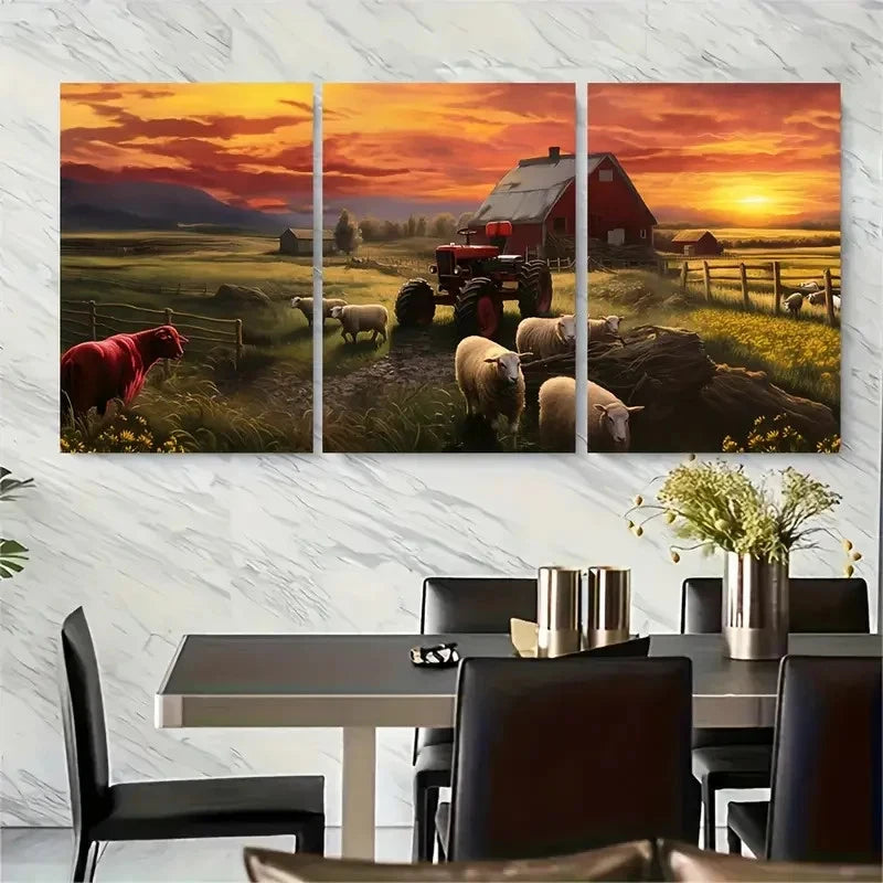 3pcs Rustic Sunrise Sheep Farm Art Metal Print Ready to Hang Art