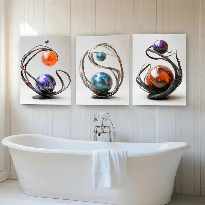 3pcs Modern Abstract Metal Sphere Yang Perfect Wall Art Set Canvas Framed 50x70cm - High Quality Print 100% Australian Made Wall Canvas Ready to Hang