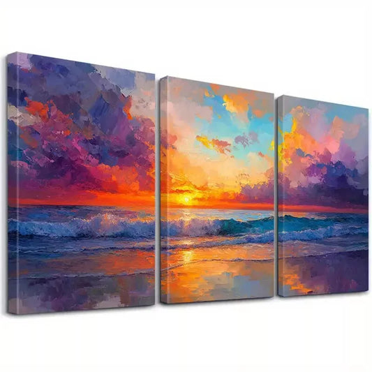 3pcs Aesthetic Sky Waves Seascape Sunset Art Set Canvas Framed 50x70cm - High Quality Print 100% Australian Made Wall Canvas Ready to Hang