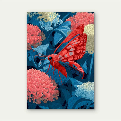 Japanese Floral Abstract Red Butterfly & Blue Flower 60x90cm Metal Print Ready to Hang
