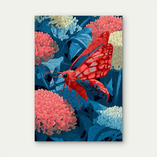 Japanese Floral Abstract Red Butterfly & Blue Flower 60x90cm Metal Print Ready to Hang