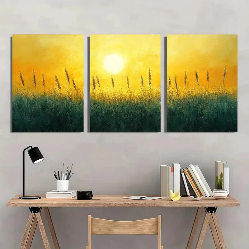 3pcs Sun kissed Grassland Metal Yellow Olive Green Print Ready to Hang Art - Bella Home Decor