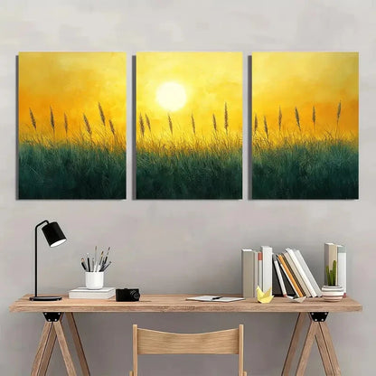 3pcs Sun kissed Grassland Metal Yellow Olive Green Print Ready to Hang Art - Bella Home Decor