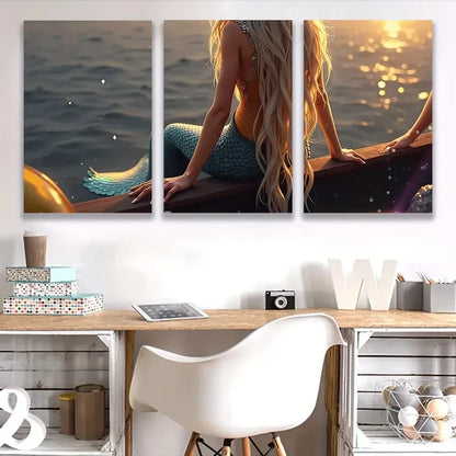 3pcs Ocean Sunset Mermaid Sitting on a Rock   Wall Art Set Canvas Framed 40x60cm - High Quality Print 100% Australian Made Wall Canvas Ready to Hang