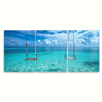 3pcs Tropical Exotic Water Swings Blue Seascape Wall Art Set Canvas Framed 40x60cm - High Quality Print 100% Australian Made Wall Canvas Ready to Hang