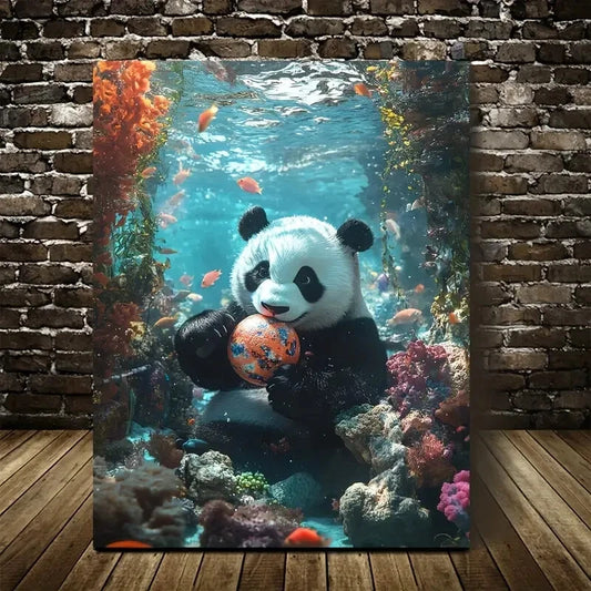 Panda Playing with Ball Underwater In Coral Painting 40x60cm Metal Print Ready to Hang - Bella Home Decor