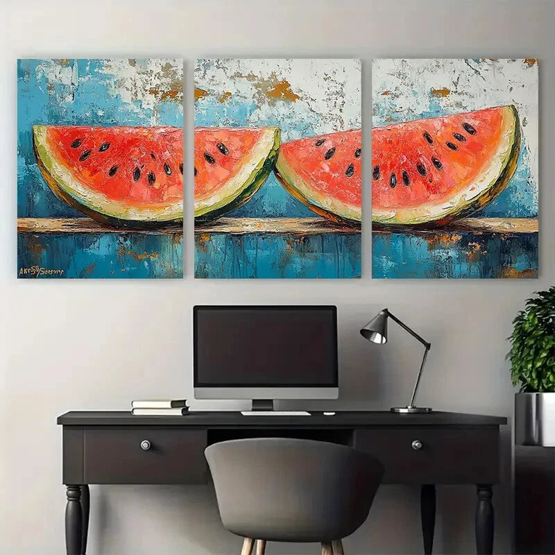 3pcs Watermelon Painting Fruit Impasto Design Metal Print Ready to Hang Art - Bella Home Decor