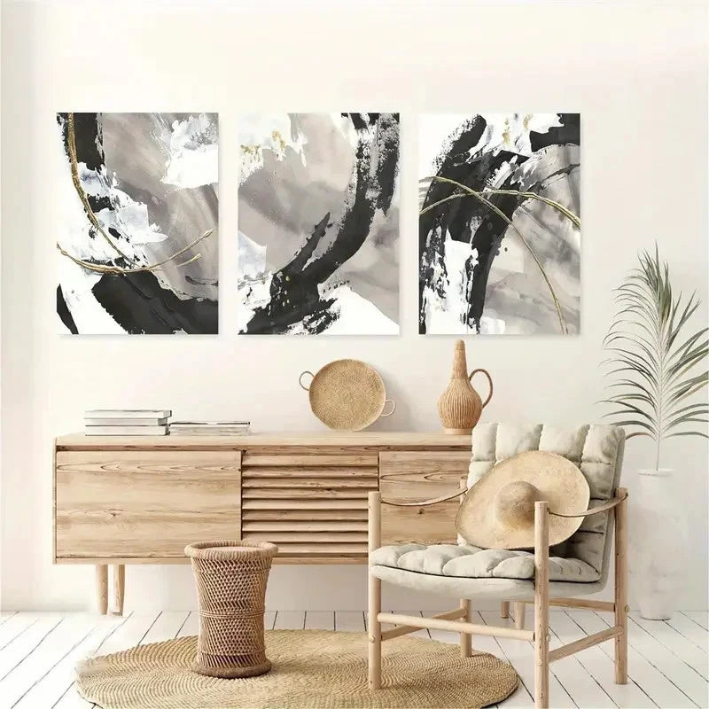 3pcs Black Ink Brush Texture Metal Print Ready to Hang Art - Bella Home Decor
