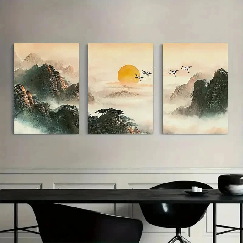 3pcs Mountains and Floating Clouds in Soft Hues Metal Print Ready to Hang Art - Bella Home Decor