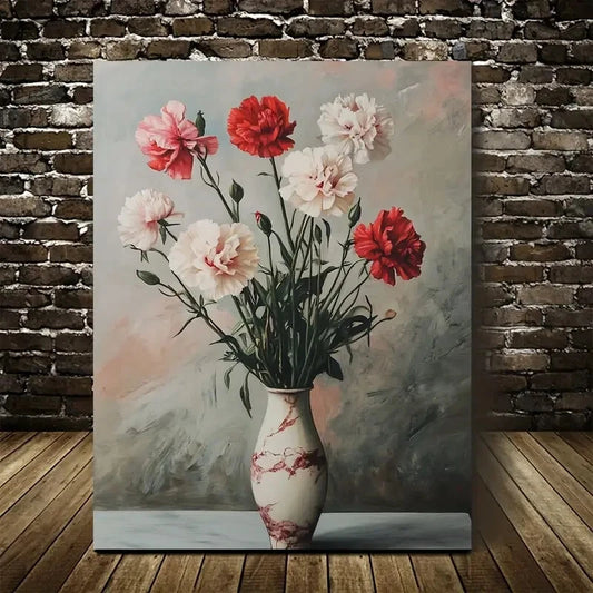 Vibrant Red & Pink Carnations with Marbled Vase 40x60cm Metal Print Ready to Hang - Bella Home Decor