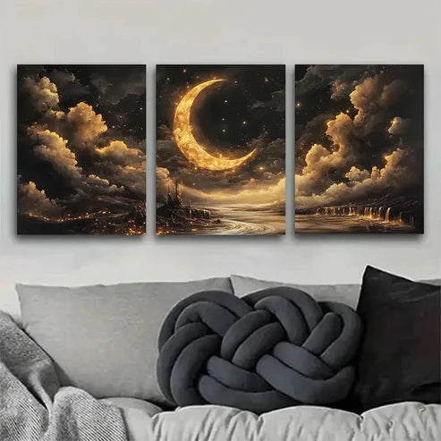 3pcs Mysterious Night Sky with Crescent Wall Art Canvas Unframed - High Quality Print 100% Australian Made Wall Canvas
