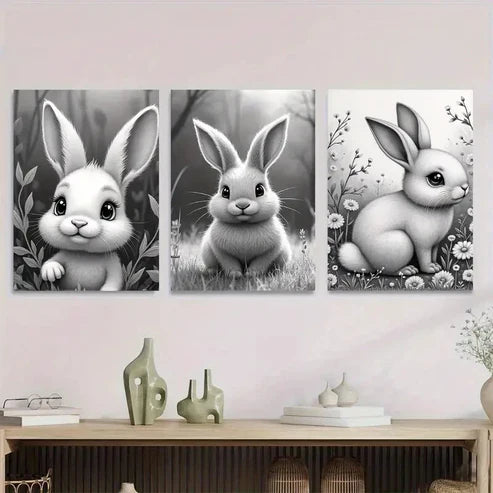 3pcs Adorable Bunny Black and White Rabbit Wall Art Set Canvas Unframed - High Quality Print 100% Australian Made Wall Canvas - Bella Home Decor