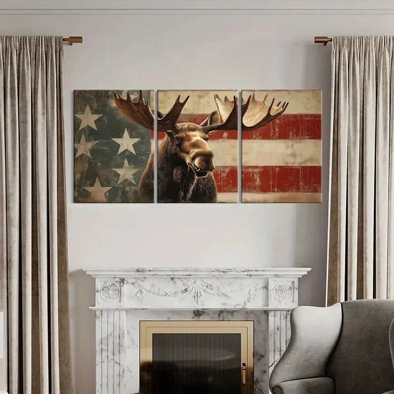 3pcs American Flag Moose Art Rustic Wildlife Metal Print Ready to Hang Art - Bella Home Decor