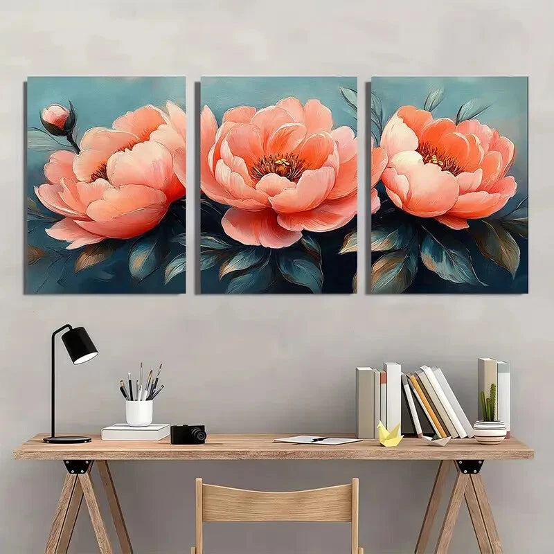 3pcs Vibrant Pink Peach Flowers Blush Peonies Metal Print Ready to Hang Art - Bella Home Decor