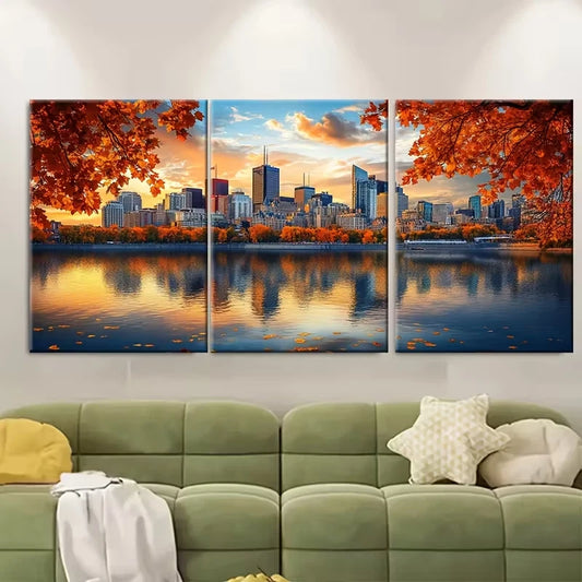 3pcs Autumn Foliage & Skyscraper Skyline Metal Print Ready to Hang Art
