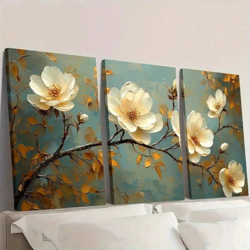 3pcs Classic White Flower & Golden Leaf Wall Art Set Canvas Framed 60x90cm - High Quality Print 100% Australian Made Wall Canvas Ready to Hang - Bella Home Decor