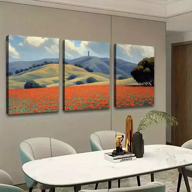 3pcs Mountain & Red Flower Field Sky Wall Art Set Canvas Framed 50x70cm - High Quality Print 100% Australian Made Wall Canvas Ready to Hang