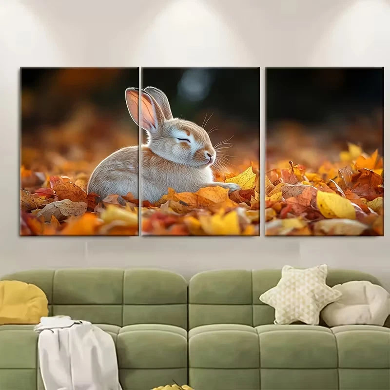 3pcs Autumn Bunny RabbitRelaxing in Crunchy Leaves Metal Print Ready to Hang Art - Bella Home Decor