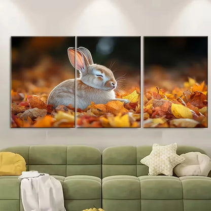 3pcs Autumn Bunny RabbitRelaxing in Crunchy Leaves Metal Print Ready to Hang Art - Bella Home Decor