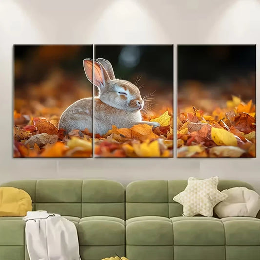 3pcs Autumn Bunny RabbitRelaxing in Crunchy Leaves Metal Print Ready to Hang Art