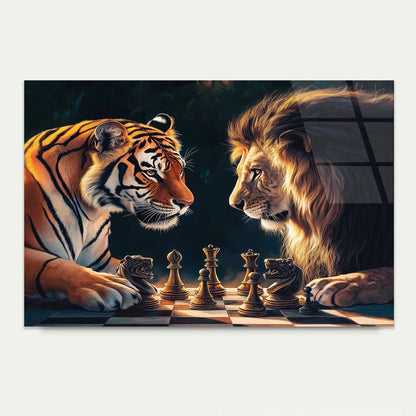 Tiger and Lion Playing Chess Glass Printing Wall Art Australian Made Quality - Bella Home Decor