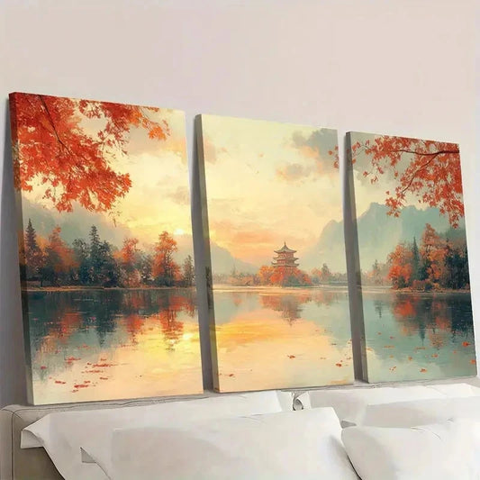 3pcs Japanese Country Landscape ET Wall Art Set Canvas Framed 40x60cm - High Quality Print 100% Australian Made Wall Canvas Ready to Hang