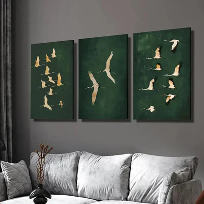 3pcs Featuring Cranes in Emerald Green Wall Art Set Canvas Unframed - High Quality Print 100% Australian Made Wall Canvas