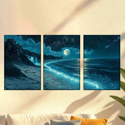 3pcs Night Beach View And Big Full Moon 40x60cm - High Quality Print 100% Australian Made Wall Canvas Ready to Hang - Bella Home Decor