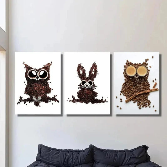 3pcs Owl, Bunny & Rabbit Designs with Coffee Cup Metal Print Ready to Hang Art