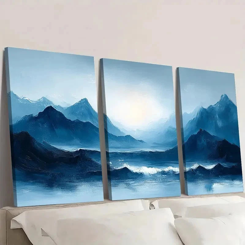 3pcs  Blue Gray Pastel Abstract Mountain & Sea     Wall Art Set Canvas Framed 60x90cm - High Quality Print 100% Australian Made Wall Canvas Ready to Hang - Bella Home Decor