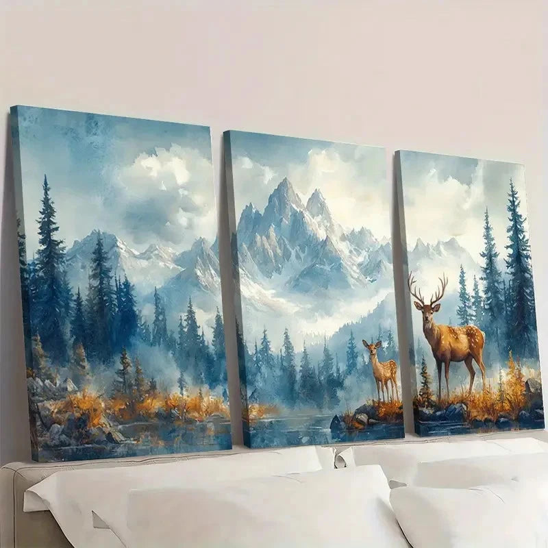 3pcs Evergreen Forest & Mountain Valley  Z   Wall Art Set Canvas Framed 50x70cm - High Quality Print 100% Australian Made Wall Canvas Ready to Hang