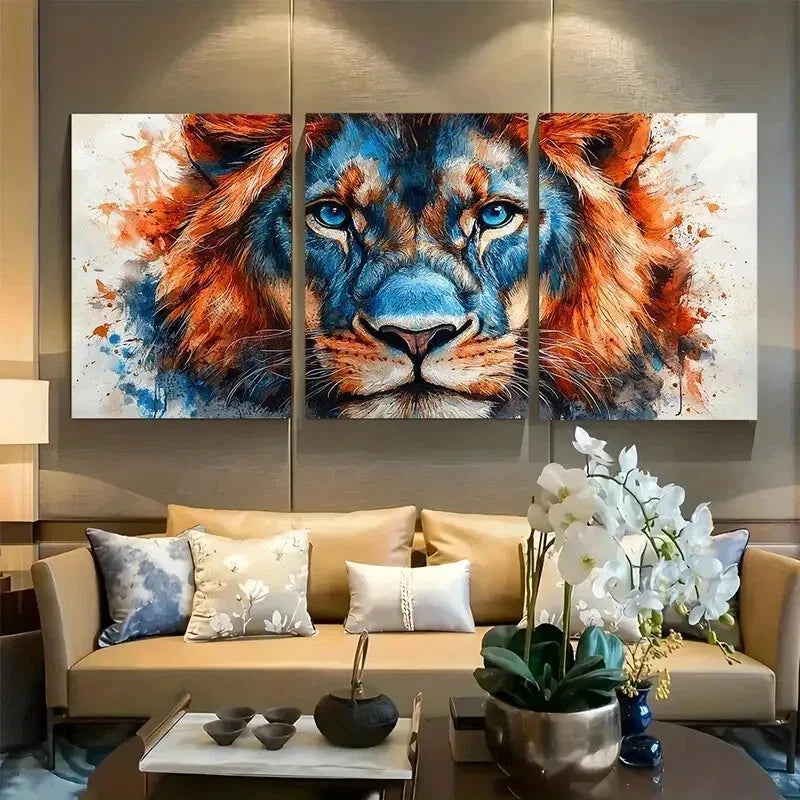 3pcs Vibrant Majestic Lion Watercolor Design Wall Art Set Canvas Framed 60x90cm - High Quality Print 100% Australian Made Wall Canvas Ready to Hang - Bella Home Decor