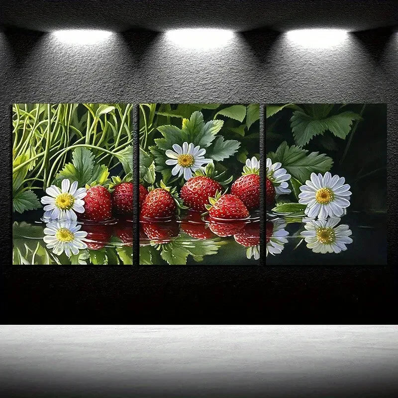 3pcs Strawberry and Daisy Reflections Illustration Metal Print Ready to Hang Art - Bella Home Decor