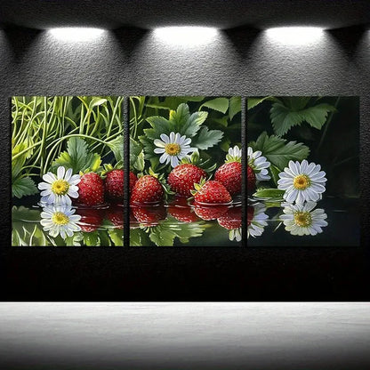 3pcs Strawberry and Daisy Reflections Illustration Metal Print Ready to Hang Art - Bella Home Decor