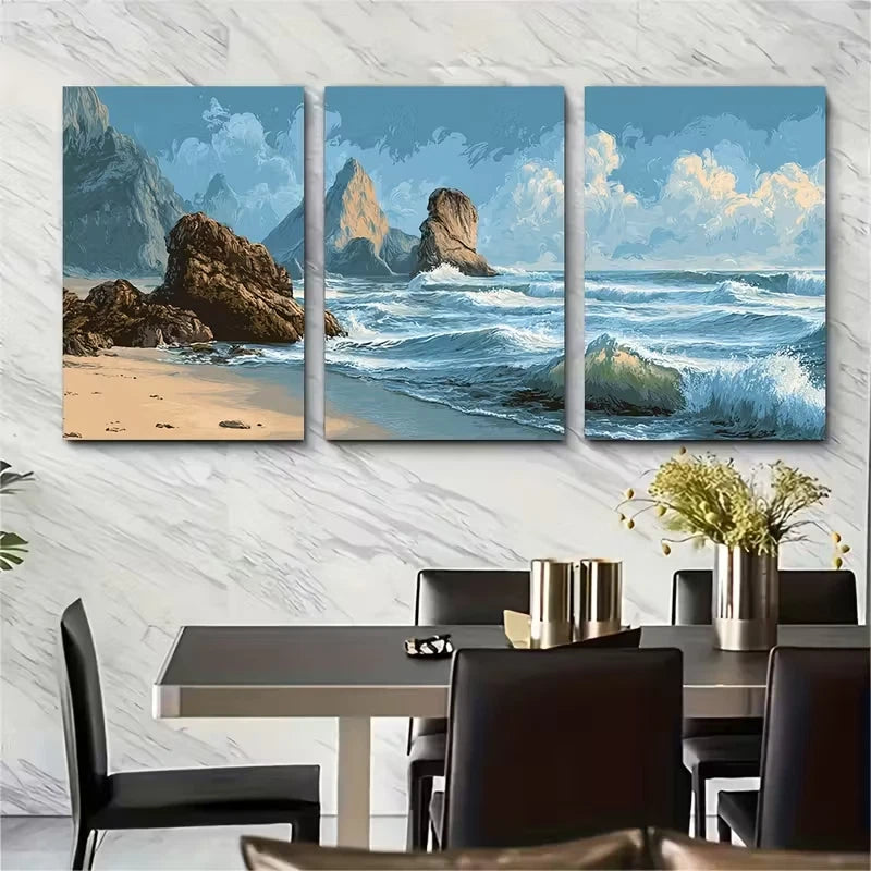 3pcs Marine Landscape, Coastal Painting Metal Print Ready to Hang Art