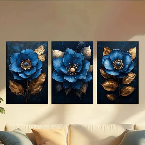 3pcs Blue flowers and Golden leaves Wall Art Set Canvas Unframed - High Quality Print 100% Australian Made Wall Canvas - Bella Home Decor
