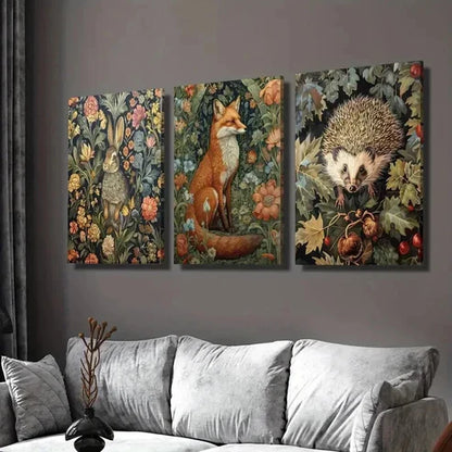 3pcs Bunny Fox Hedgehog with Flowers Wall Art Set Canvas Unframed - High Quality Print 100% Australian Made Wall Canvas - Bella Home Decor