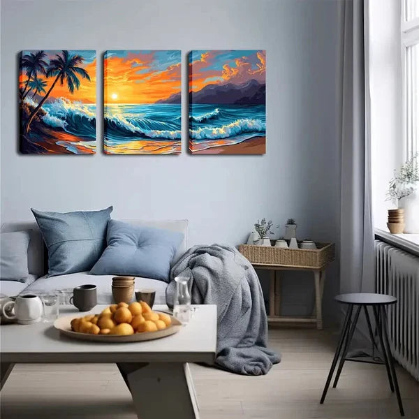 3pcs Coastal Landscape with Palm Trees & Ocean , Wall Art Set Canvas Framed 60X90cm - High Quality Print 100% Australian Made Wall Canvas Ready to Hang - Bella Home Decor