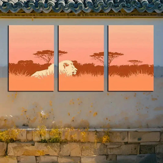 3pcs Vibrant Lion Silhouette on Grassland Metal Print Ready to Hang Art